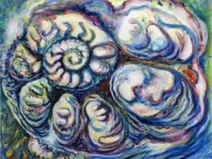 Ammonit (Wasserwesen) Ölfarbe, Walnuss-Sud auf Leinwand 100 x 120 cm, 2022