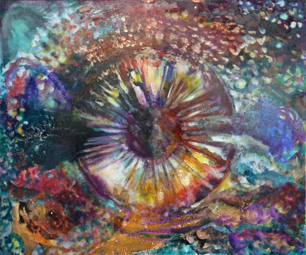 „Kosmisches Auge“ 100 x 120 cm, 2023 Ölfarbe, Schellack, Walnuss-Sud, irisierende Acrylfarbe, Glitter auf Leinwand