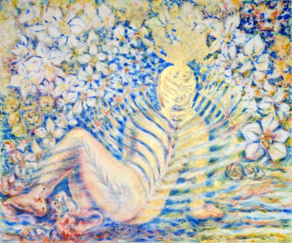 Seltenes Aufblühen (Innere Orchidee) 100 x 120 cm, 2023 Ölfarbe, Schellack, Walnuss-Sud, irisierende Goldfarbe auf Leinwand