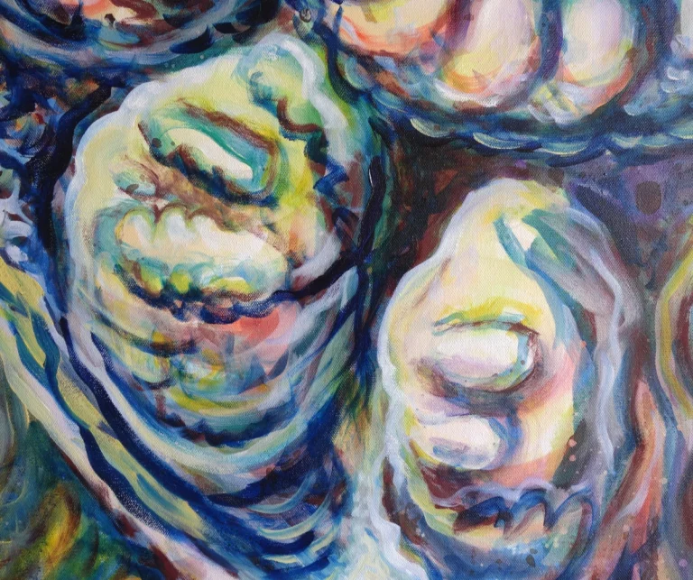Ammonit (Wasserwesen) Ölfarbe, Walnuss-Sud auf Leinwand 100 x 120 cm, 2022