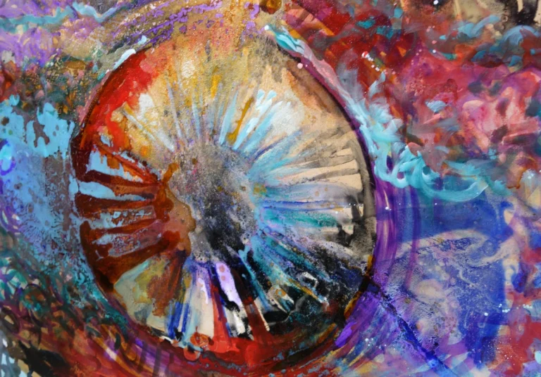 „Kosmisches Auge“ 100 x 120 cm, 2023 Ölfarbe, Schellack, Walnuss-Sud, irisierende Acrylfarbe, Glitter auf Leinwand