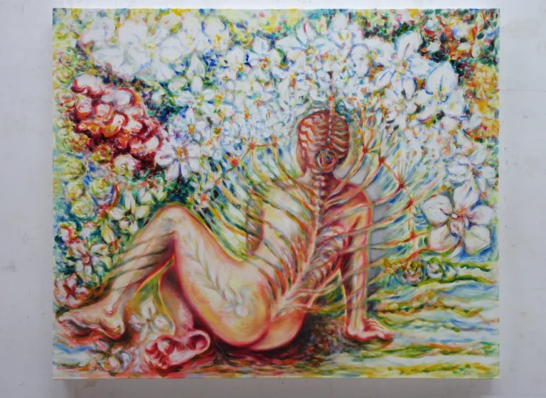 Seltenes Aufblühen (Innere Orchidee) 100 x 120 cm, 2023 Ölfarbe, Schellack, Walnuss-Sud, irisierende Goldfarbe auf Leinwand