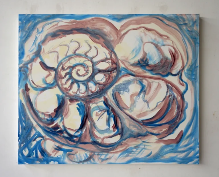 Ammonit (Wasserwesen) Ölfarbe, Walnuss-Sud auf Leinwand 100 x 120 cm, 2022