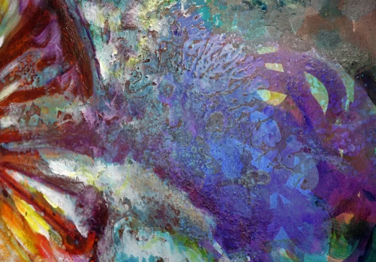 „Kosmisches Auge“ 100 x 120 cm, 2023 Ölfarbe, Schellack, Walnuss-Sud, irisierende Acrylfarbe, Glitter auf Leinwand