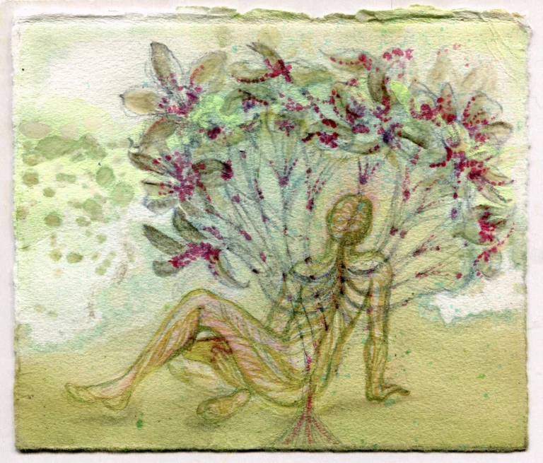 Seltenes Aufblühen (Innere Orchidee) 100 x 120 cm, 2023 Ölfarbe, Schellack, Walnuss-Sud, irisierende Goldfarbe auf Leinwand