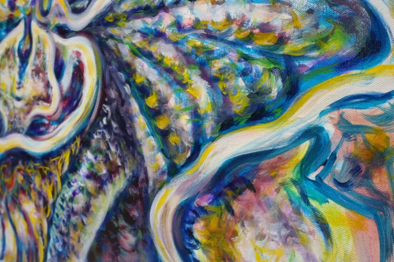 Ölfarbe, irisierende Acrylfarben, Schellack, Walnuss-Sud, Glimmer auf Leinwand 100 x 120 cm, 2024