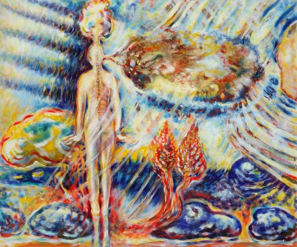 „Das Hören in die Welt“ - Ölfarbe auf Leinwand, irisierende Goldfarbe, Schellack, Walnuss-Sud, Glitter, 100 x 120 cm, 2024