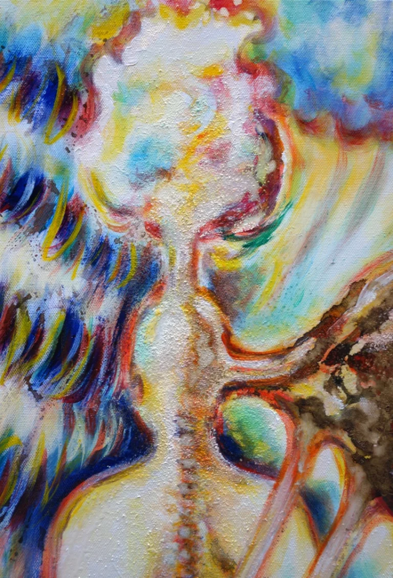 „Das Hören in die Welt“ - Ölfarbe auf Leinwand, irisierende Goldfarbe, Schellack, Walnuss-Sud, Glitter, 100 x 120 cm, 2024
