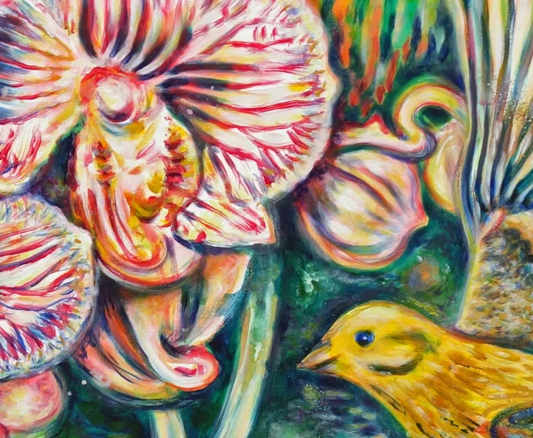 „Goldammer + Orchideee“ - Schellack, Walnuss-Sud, Glimmer auf Leinwand 100 x 120 cm, 2024
