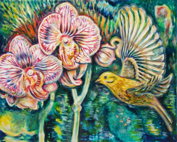 „Goldammer + Orchideee“ - Schellack, Walnuss-Sud, Glimmer auf Leinwand 100 x 120 cm, 2024
