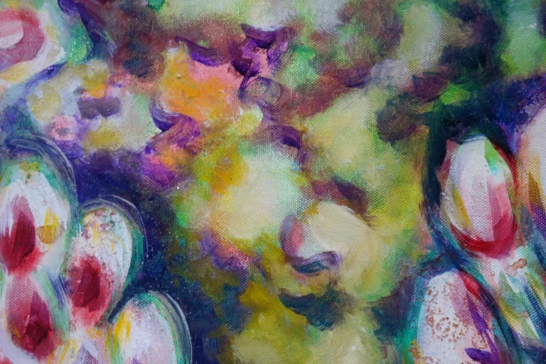 „Kiebitz + Orchideen“ - Ölfarbe, irisierende Acrylfarben, Schellack, Walnuss-Sud, Glimmer auf Leinwand 100 x 120 cm, 2024