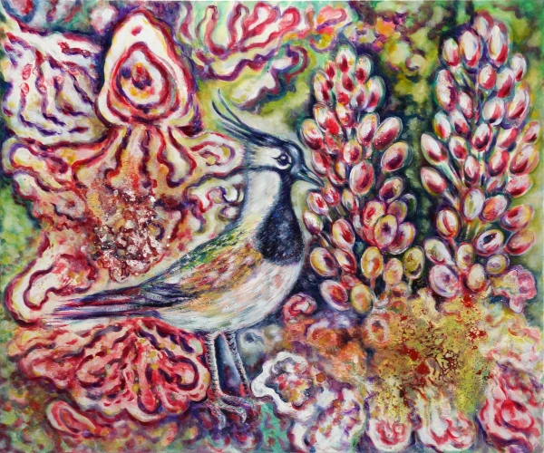 „Kiebitz + Orchideen“ - Ölfarbe, irisierende Acrylfarben, Schellack, Walnuss-Sud, Glimmer auf Leinwand 100 x 120 cm, 2024