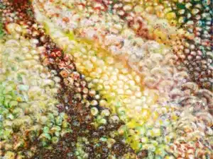 „Pilzteppich“ - Ölfarbe, Glitter, Schellack, Walnuss-Sud, Walnussschalen zerkleinert auf Leinwand, 100 x 120 cm, 2024