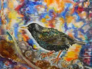 „Star auf Ast“ - Ölfarbe, irisierende Acrylfarben, Schellack, Walnuss-Sud, Glimmer auf Leinwand 100 x 120 cm, 2024