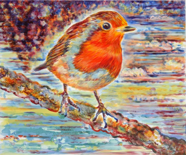 „Rotkelchen auf Ast“ - Ölfarbe, irisierende Acrylfarben, Schellack, Walnuss-Sud, Glimmer auf Leinwand 100 x 120 cm, 2024