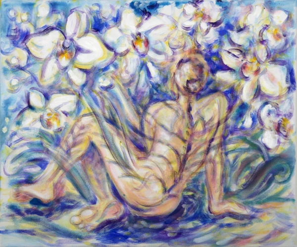Innere Orchidee (violett-weiß) 50 x 60 cm, 2023 Ölfarbe, Tusche, Schelllack, Gummiarabicum auf Leinwand