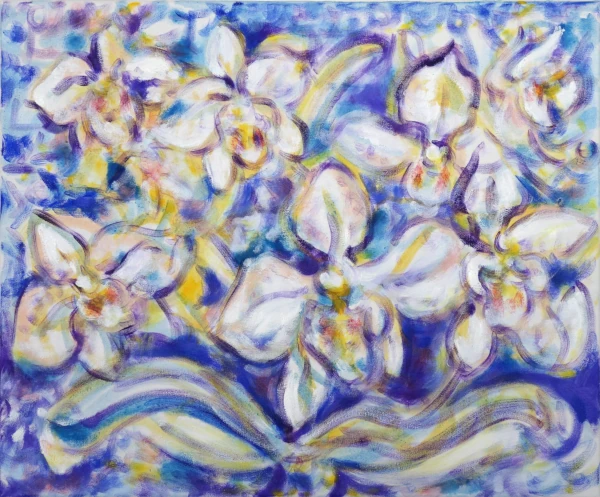 Orchideen (violett-weiß) 50 x 60 cm, 2023 Ölfarbe, Tusche, Schelllack, Gummiarabicum auf Leinwand