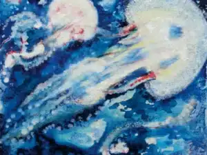 „Quallen (weiß)“ 50 x 60 cm, 2023 Ölfarbe, Tusche, Schelllack, irisierende Acrylfarbe, Gummiarabicum auf Leinwand