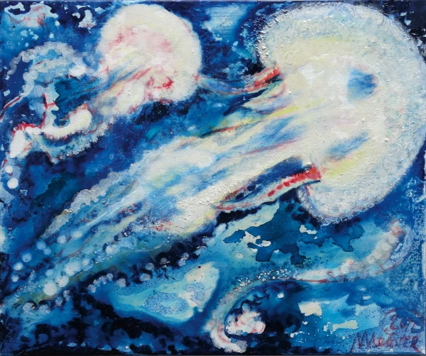 „Quallen (weiß)“ 50 x 60 cm, 2023 Ölfarbe, Tusche, Schelllack, irisierende Acrylfarbe, Gummiarabicum auf Leinwand