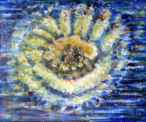 „Unterwasserblüte“ 50 x 60 cm, 2023 Ölfarbe, Schellack, Walnuss-Sud, Tusche, Gummiarabicum auf Leinwand
