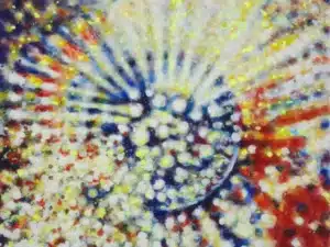 „Urbewusstsein“ 50 x 60 cm, 2024 Ölfarbe, Neonfarbe, Schellack, Walnuss-Sud, Tusche auf Leinwand