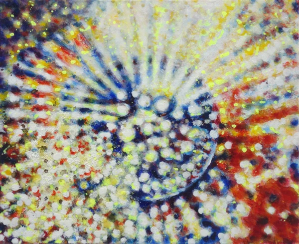 „Urbewusstsein“ 50 x 60 cm, 2024 Ölfarbe, Neonfarbe, Schellack, Walnuss-Sud, Tusche auf Leinwand