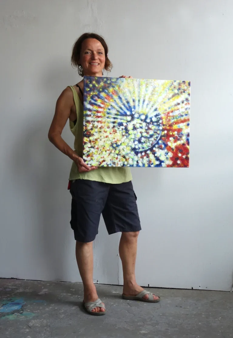 „Urbewusstsein“ 50 x 60 cm, 2024 Ölfarbe, Neonfarbe, Schellack, Walnuss-Sud, Tusche auf Leinwand