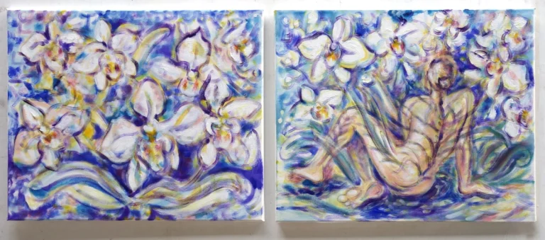Orchideen (violett-weiß) 50 x 60 cm, 2023 Ölfarbe, Tusche, Schelllack, Gummiarabicum auf Leinwand