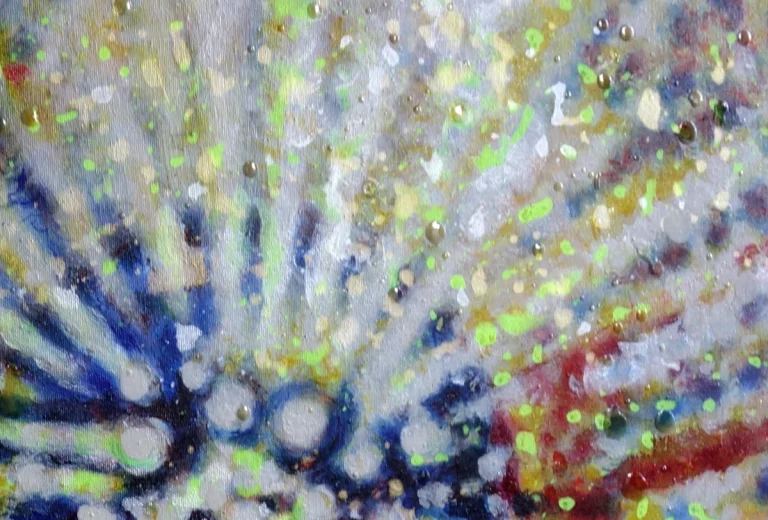 „Urbewusstsein“ 50 x 60 cm, 2024 Ölfarbe, Neonfarbe, Schellack, Walnuss-Sud, Tusche auf Leinwand