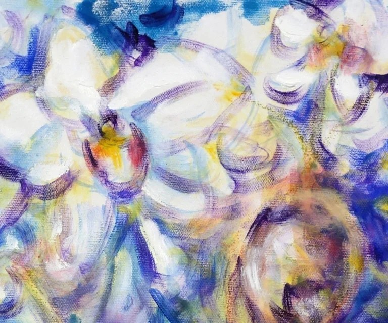 Innere Orchidee (violett-weiß) 50 x 60 cm, 2023 Ölfarbe, Tusche, Schelllack, Gummiarabicum auf Leinwand