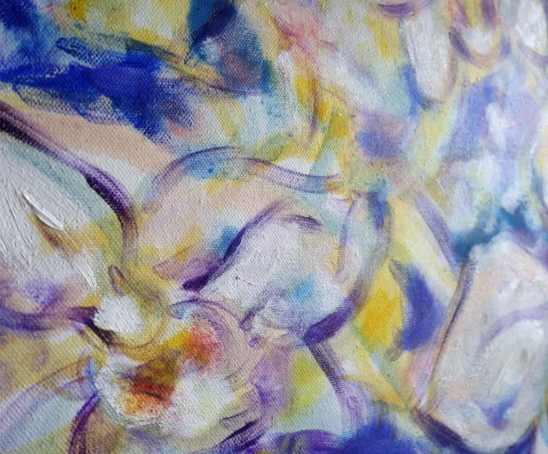 Orchideen (violett-weiß) 50 x 60 cm, 2023 Ölfarbe, Tusche, Schelllack, Gummiarabicum auf Leinwand