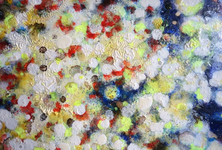 „Urbewusstsein“ 50 x 60 cm, 2024 Ölfarbe, Neonfarbe, Schellack, Walnuss-Sud, Tusche auf Leinwand