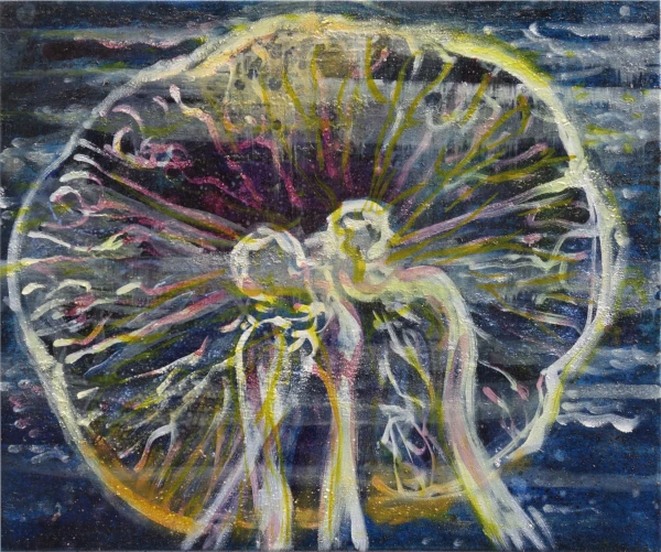 „Leuchtqualle“ 50 x 60 cm, 2023 Ölfarbe, Tusche, Schelllack, irisierende Acrylfarbe, Gummiarabicum auf Leinwand