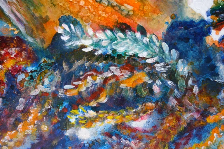 „Pilzpaar (Blutreizker)“ Ölfarbe, irisierende Acrylfarbe, Tusche, Fluoreszenzgelb, Schellack, Walnussschalen zerkleinert, Walnuss-Sud auf Leinwand, 100 x 120 cm, 2023
