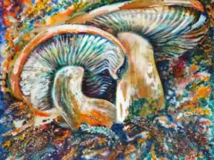 „Pilzpaar (Blutreizker)“ Ölfarbe, irisierende Acrylfarbe, Tusche, Fluoreszenzgelb, Schellack, Walnussschalen zerkleinert, Walnuss-Sud auf Leinwand, 100 x 120 cm, 2023