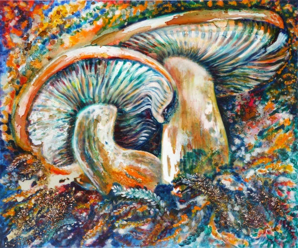 „Pilzpaar (Blutreizker)“ Ölfarbe, irisierende Acrylfarbe, Tusche, Fluoreszenzgelb, Schellack, Walnussschalen zerkleinert, Walnuss-Sud auf Leinwand, 100 x 120 cm, 2023