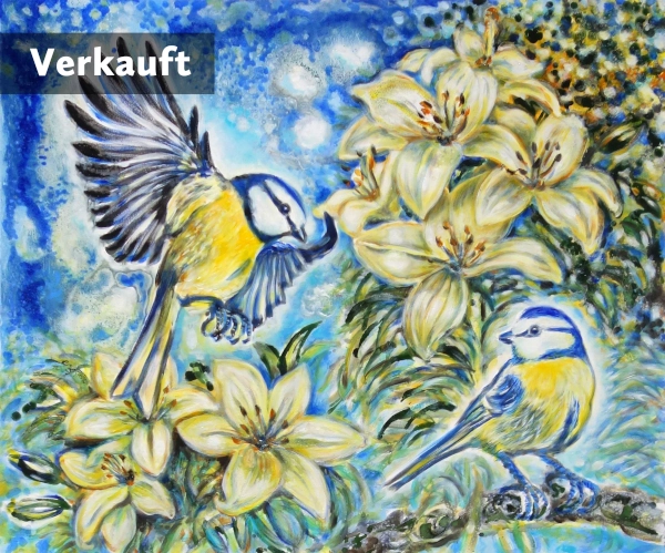 Meisenpaar + Lilien - Ölfarbe, irisierende Acrylfarben, Tusche, Schellack, Walnuss-Sud, Glimmer auf Leinwand 100 x 120 cm, 2024