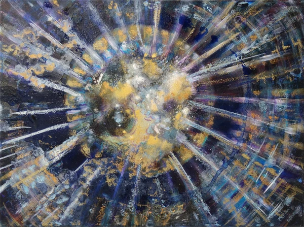 „Urbewusstsein (klein)“ 24 x 30 cm, 2023 Ölfarbe, Schellack, irisierende Farben auf Leinwand