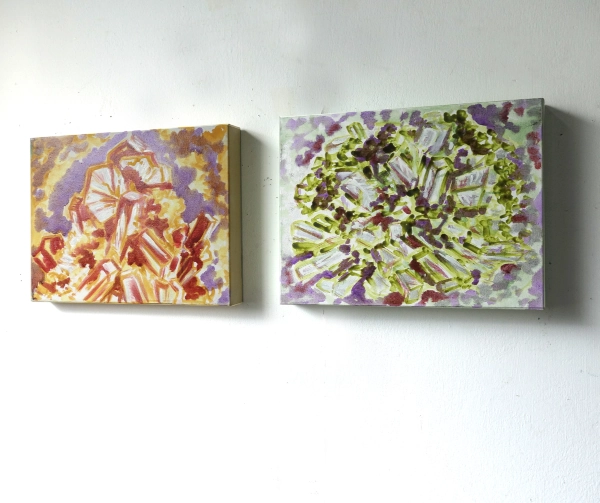 „Vanadinit & Smaragd“ je 24 x 30 cm, 2022 Ölfarbe auf Leinwand (Diptychon)