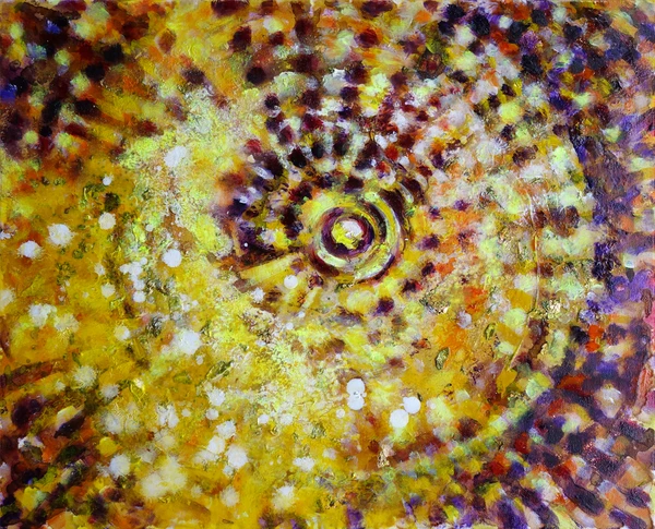 „Inneres Licht–Sternenstaub“ 30 x 40 cm, 2023 Ölfarbe, Walnuss-Sud, Tusche, Schellack, Blattgold auf Leinwand