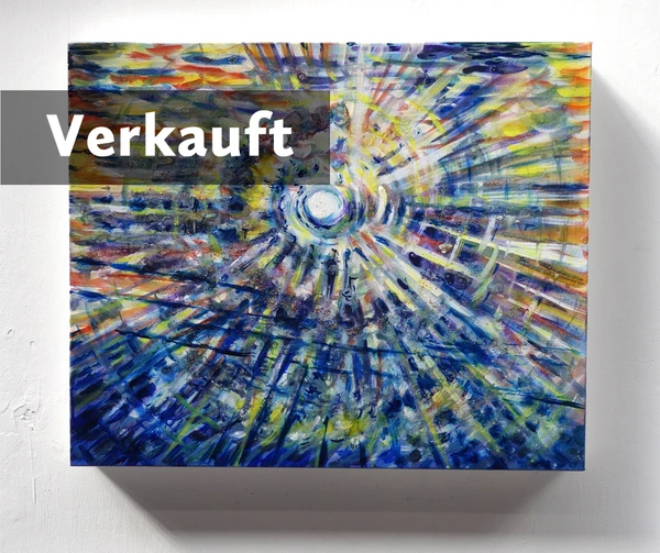 „Sendestation kosmischer Frequenzen“ 50 x 60 cm, 2023 Ölfarbe, Walnuss-Sud, Glitter auf Leinwand