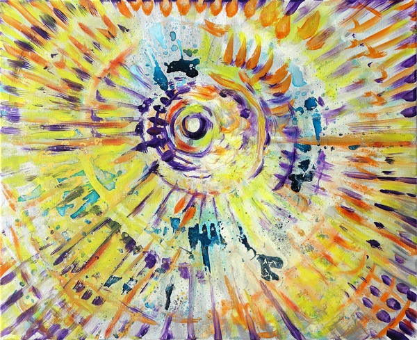 „Inneres Licht (gelb-orange+violett)“ 50 x 60 cm, 2023 Ölfarbe, irisierende Acrylfarben, Walnuss-Sud, Glitter auf Leinwand