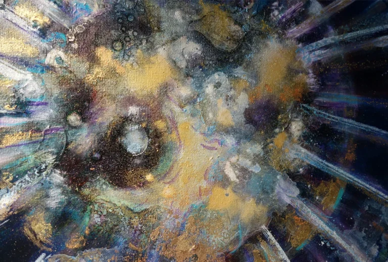 „Urbewusstsein (klein)“ 24 x 30 cm, 2023 Ölfarbe, Schellack, irisierende Farben auf Leinwand