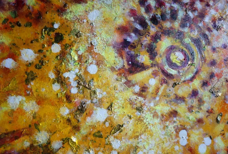 „Inneres Licht–Sternenstaub“ 30 x 40 cm, 2023 Ölfarbe, Walnuss-Sud, Tusche, Schellack, Blattgold auf Leinwand