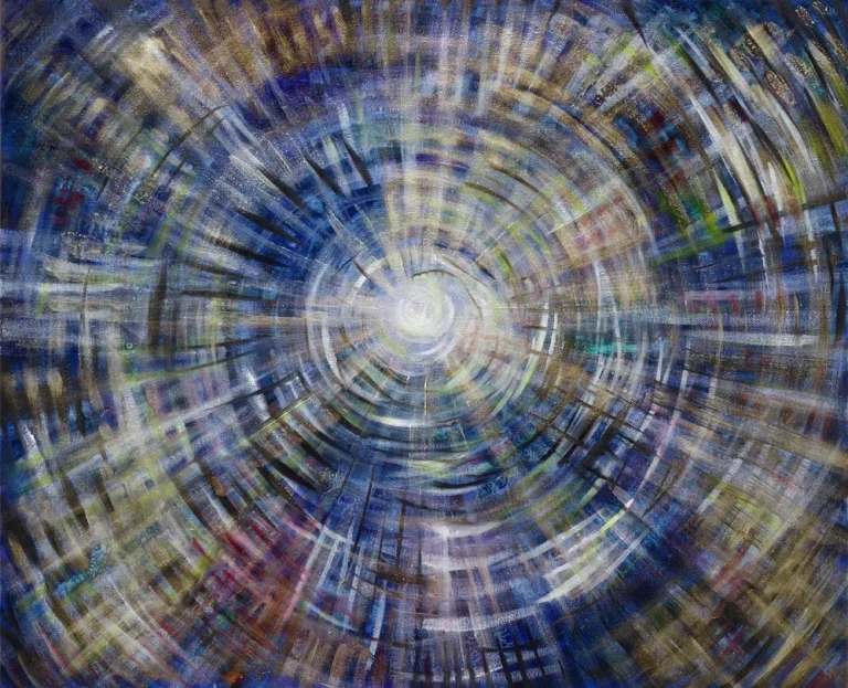 „Urzentralsonne“ 50 x 60 cm, 2023 Ölfarbe, irisierende Acrylfarben, Walnuss-Sud, Glitter auf Leinwand