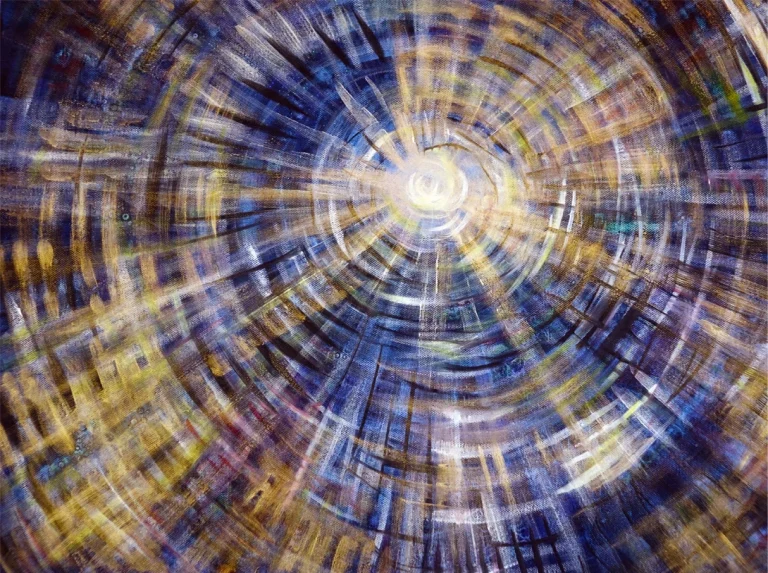 „Urzentralsonne“ 50 x 60 cm, 2023 Ölfarbe, irisierende Acrylfarben, Walnuss-Sud, Glitter auf Leinwand