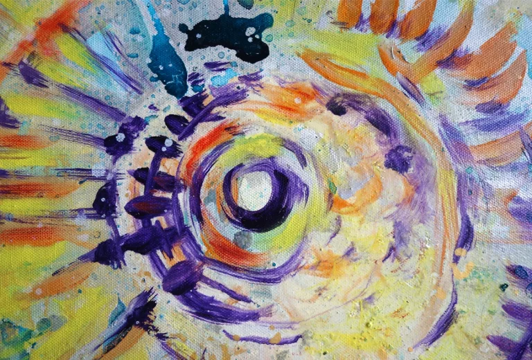 „Inneres Licht (gelb-orange+violett)“ 50 x 60 cm, 2023 Ölfarbe, irisierende Acrylfarben, Walnuss-Sud, Glitter auf Leinwand