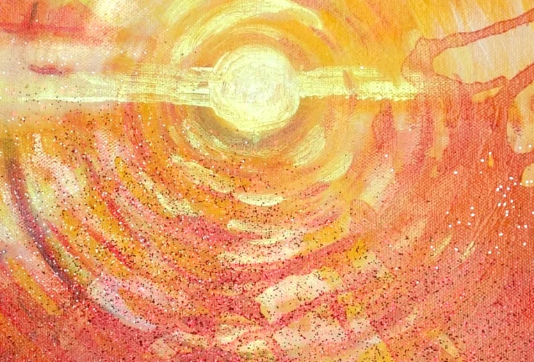 „Inneres Licht I“ 50 x 60 cm, 2023 Ölfarbe, irisierende Acrylfarben, Walnuss-Sud, Glitter auf Leinwand