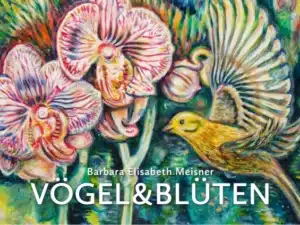 VÖGEL & BLÜTEN - Goldammer und Orchideen - Ölfarbe, Glitter, irisierende Farben, Schellack, Walnuss-Sud auf Leinwand, 100 x 120 cm, 2024
