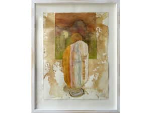 ETERNITY - Original-Collage 53 x 40 cm, 2022, Graphitstift, Aquarellstift, lasierende Ölfarbe, Schelllack, Pigmente, Goldpuder auf mit Tee und Zwiebelsud präpariertem Büttenpapier. Mit handgeschliffenem Rahmen Endgröße 65 x 50 cm